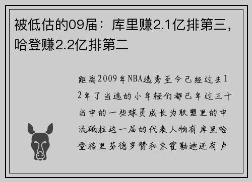 被低估的09届：库里赚2.1亿排第三，哈登赚2.2亿排第二